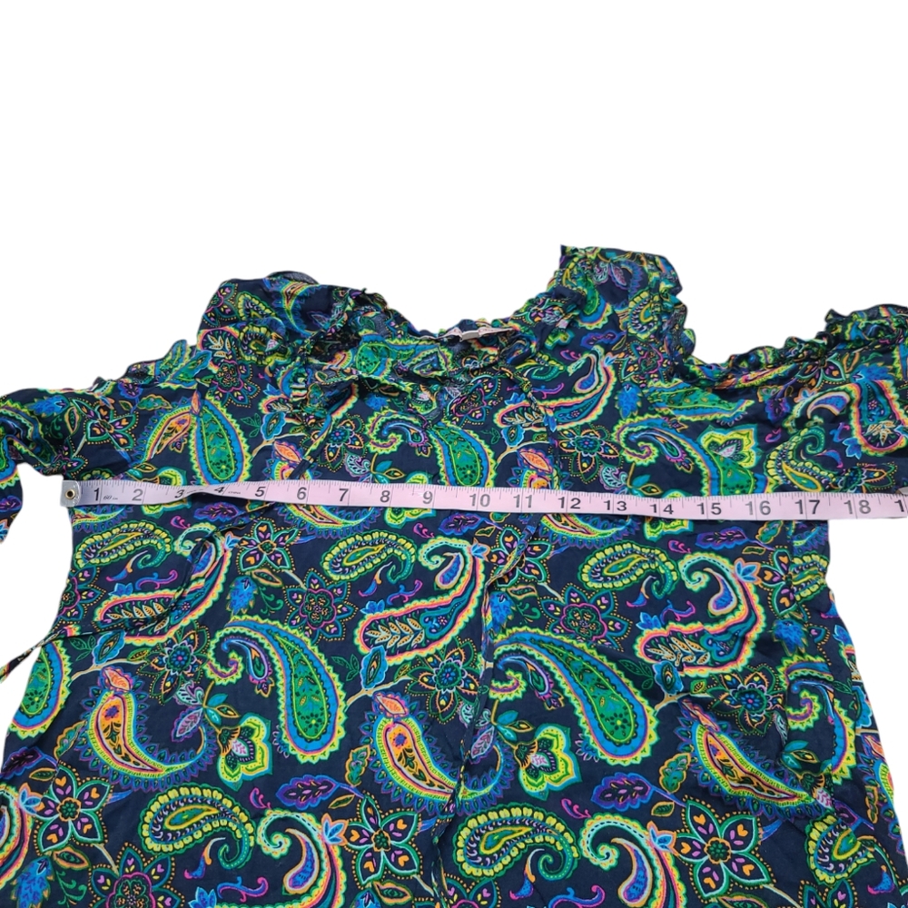 WILLOW DRIVE SHIRT WOMENS OVERSIZED XS GREEN PAISLEY COLD SHOULDER BLOUSE TOP - Picture 8 of 12